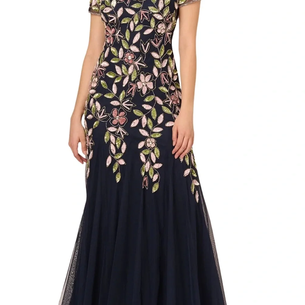 Adrianna Papell NWT Size 12 Navy Floral Beaded Gown Formal Evening Dress_5